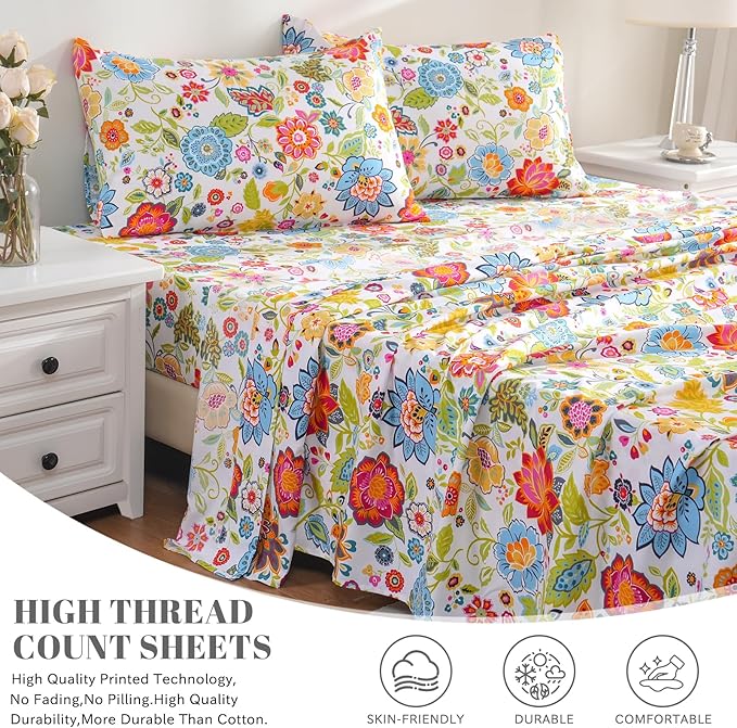 Bedlifes Queen Sheet Set Ultra Soft Breathable Silky Flower Bed Sheets Deep Pocket 100% Microfiber Bedding Sheets 4 Piece Queen Size Floral Spring