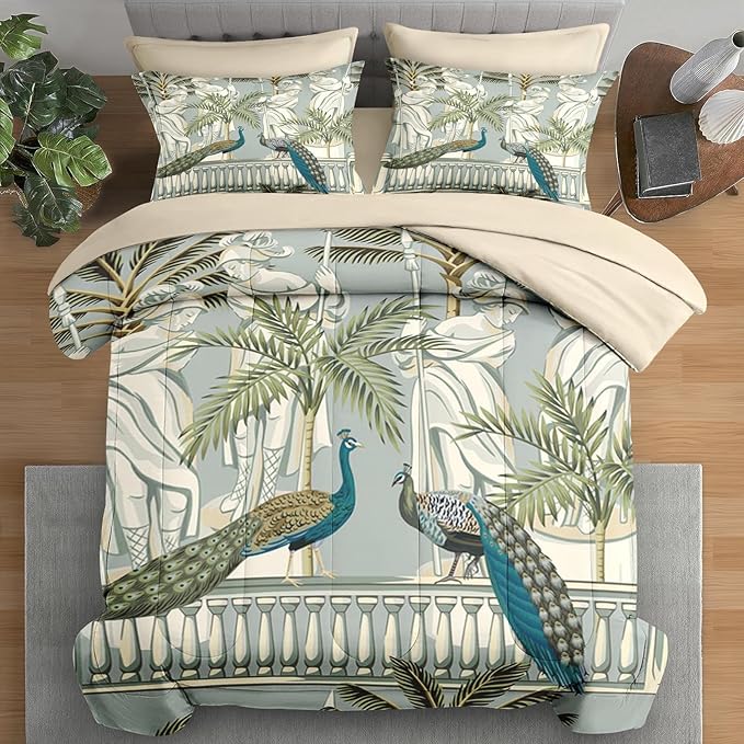 Comforter Set Full Size, Peacock Bird Animal 7 Pcs Bedding for Kids and Adults, Floral Botanical Grey Green Bed Sheet Sets with Fitted Sheet 2 Pillowcase & 2 Sham for Bedroom Bed Decor