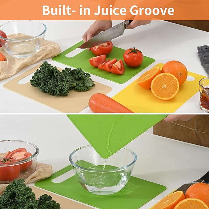 Cutting Board Set of 4, 11.4" x 7.5" x 0.1", Red Green Yellow White, Plastic Kitchen Cutting Boards with Juice Groove & Handle Hole, Lightweight & Dishwasher Safe