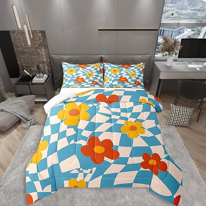 Castle Fairy Kids Vintage Groovy Daisy Flowers Queen Size Comforter Set,Abstract Blue Plaid Down Comforter Adults Bedroom Decor,70s Hippie Floral Ultra Soft Microfiber Inner Fill 3Pcs Bedding