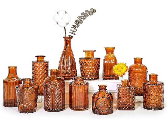 12Pcs Glass Bud Vase Set, Small Dark Brown Flower Vase for Centerpieces, Bud Vases in Bulk, Mini Vintage Vase for Rustic Wedding Decorations（Amber）