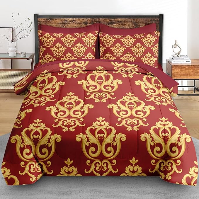Comforter Set Full Size, Vintage Floral Gold 7 Pcs Bedding for Kids and Adults, Medieval Burgundy Red Bed Sheet Sets with Fitted Sheet 2 Pillowcase & 2 Sham for Bedroom Bed Decor