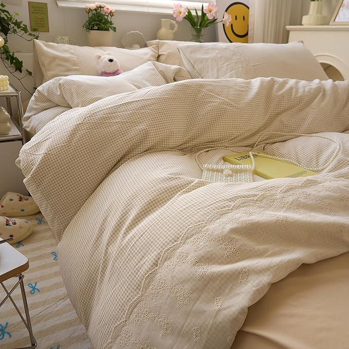 LifeTB Tan Gingham Duvet Cover Full Size 3 Pieces Romantic Lace Duvet Cover Vintage Plaid Checkered Comforter Cover with 2 Pillowcases Soft Microfiber Beige Tan Grid Farmhouse Plaid Bedding Set