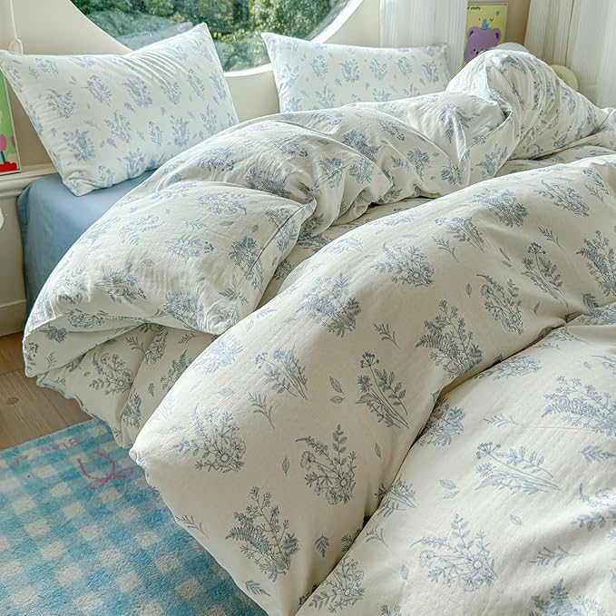 LifeTB Muslin Duvet Cover Set King Vintage Botanical Floral Duvet Cover 100% Cotton Linen Feel Flower Bedding Set Super Soft Gauze Comforter Cover Breathable Lightweight Cottagecore Bedding Set
