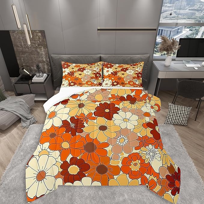 Castle Fairy Bohemian Flowers Comforter Set Twin Size,70s Vintage Floral Quilt Set for Kids Boys Bedroom Collection,Hippie Retro Groovy Botanical Polyester Bedding with 1 Pillowcase,2Pcs
