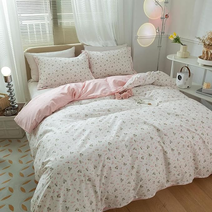 EAVD Vintage Style Pink Floral Duvet Cover Twin XL 100% Cotton Girls White Pink Botanical Bedding Set with 2 Pillowcases Chic Shabby Garden Botanical Floral Twin XL Duvet Cover with Zipper Closure
