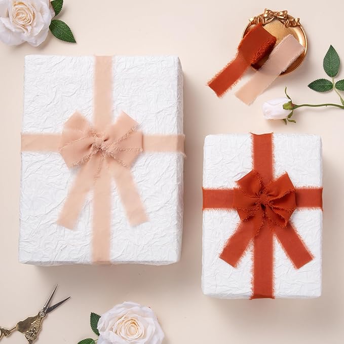 DORIS HOME Burnt Orange Chiffon Ribbon for Flower Bouquet, 1" x21Yd Fabric Ribbon for Gift Wrapping, Handmade Frayed Ribbon for Wedding Invitations/Christmas Decorations