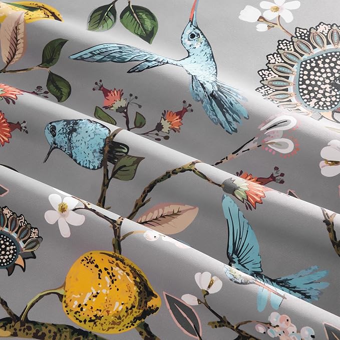 Floral Grey Pinch Pleated Blackout Curtains,Mid Century Botanical Printed Curtains 96 Inches Long for Living Room Bedroom,Vintage Floral Lemon Hummingbird Colorful Drapes, 2 Panels