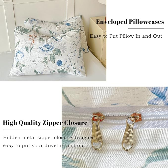 EAVD Vintage Style Botanical Floral Duvet Cover Twin Soft Cotton Chic Shabby Garden Colorful Floral Bedding Set with 2 Pillowcases Fresh Spring Botanical Duvet Cover with Zipper Closure