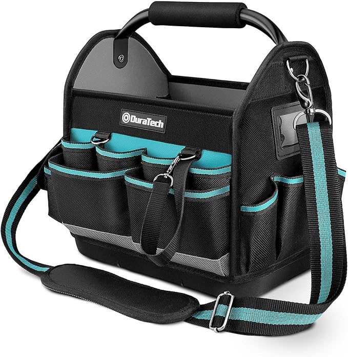 DURATECH 12 Inch Tool Tote with Waterproof Hard Bottom, Electrician Tool Bag with Rotating Handle, Open Top Tool Bag Wide Mouth Multi-Pockets, Tool Carrier for Mechanic Plumber Electrician HVAC