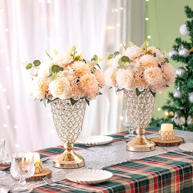 Gold Crystal Trumpet Floral Vase -2 Pcs Centerpieces for Wedding Table, 10.6" Wrought Iron Crystal Vase, Flower Vases for Party Dinner Centerpiece Event, Anniversary Ceremony Birthday Home Decoration