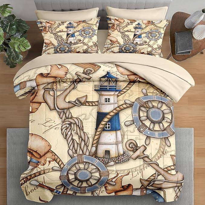 Comforter Set King Size, Retro Nautical Lighthouse Map 7 Pcs Bedding for Kids and Adults, Vintage Anchor Beige Bed Sheet Sets with Fitted Sheet 2 Pillowcase & 2 Sham for Bedroom Bed Decor
