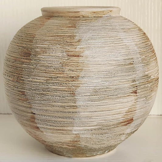 Rustic Ribbed Vase Home Decor - 6.3 in Ceramic Vintage Farmhouse Vases for Decor, Decorative Terracotta Round Bowl vase for Living Room, Table, Shelf, Kichen Decor