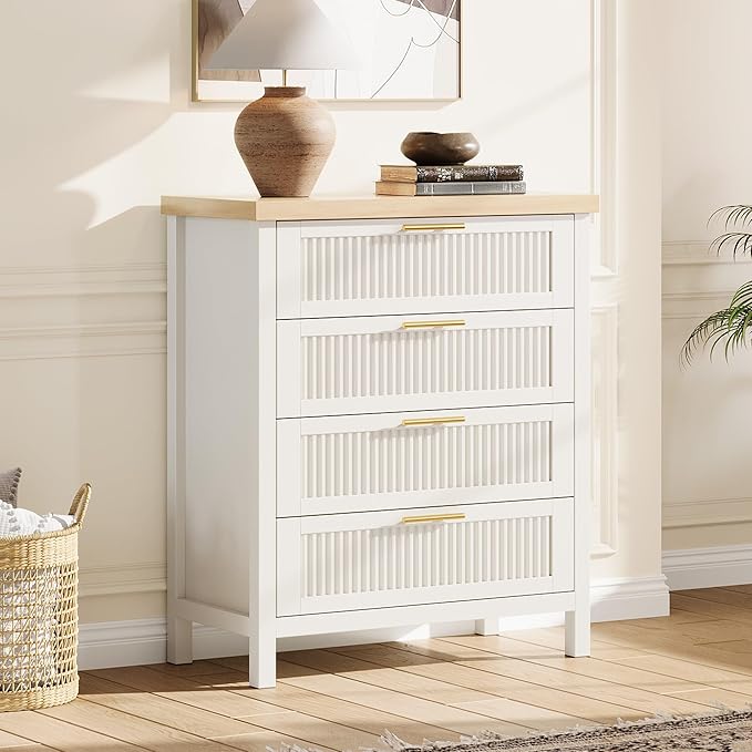 GarveeHome Fluted 4 Drawers Dresser for Bedroom, 35.4 in Tall Chest of Dressers for Closet, 4 Fluted Drawers with Metal Handle, Large Clothes Storage Cabinet for Bedroom, Nursery, Living Room, White