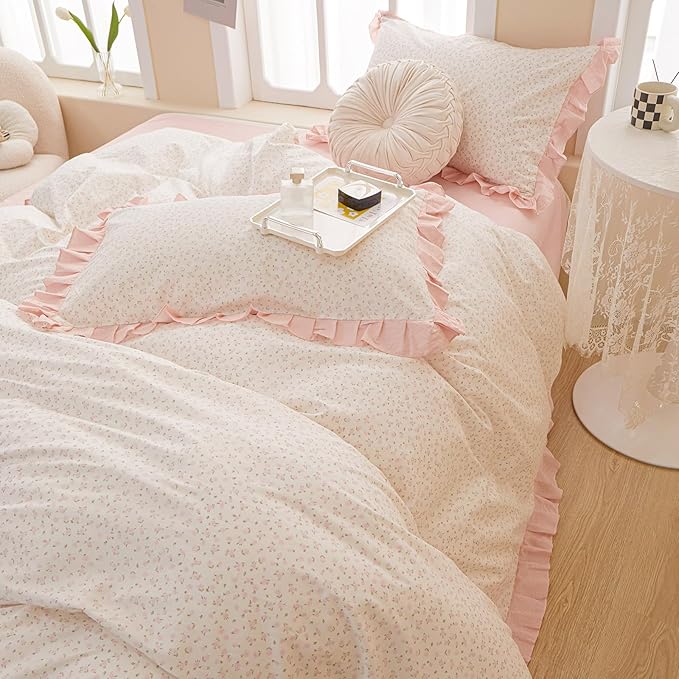 EAVD Pink Floral Duvet Cover King Soft 100% Cotton Chic Romantic Ruffled Floral Bedding Set with 2 Pillowcases Vintage Style Botanical Floral Comforter Cover with Zipper Closure