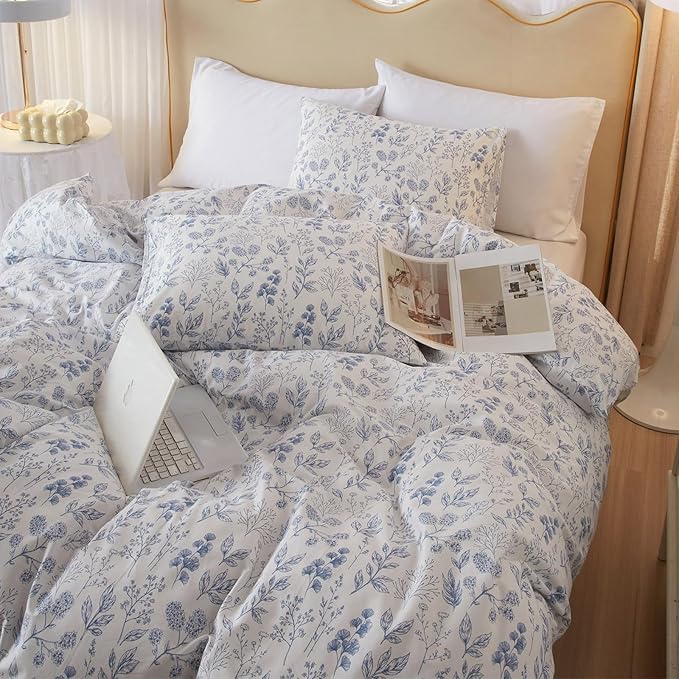 HighBuy Blue Floral Comforter Set King White King Bed Comforter Set Botanical Coquette Comforter Sets for Women Girl Boho Soft 3 Piece Bedding Set Lightweight Comforter and 2 Pillowcases