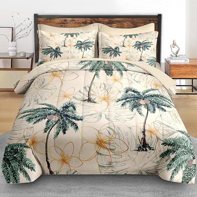 Comforter Set Queen Size, Tropical Botanical Palm Summer 7 Pcs Bedding for Kids and Adults, Hawaiian Coconut Tree Bed Sheet Sets with Fitted Sheet 2 Pillowcase & 2 Sham for Bedroom Bed Decor