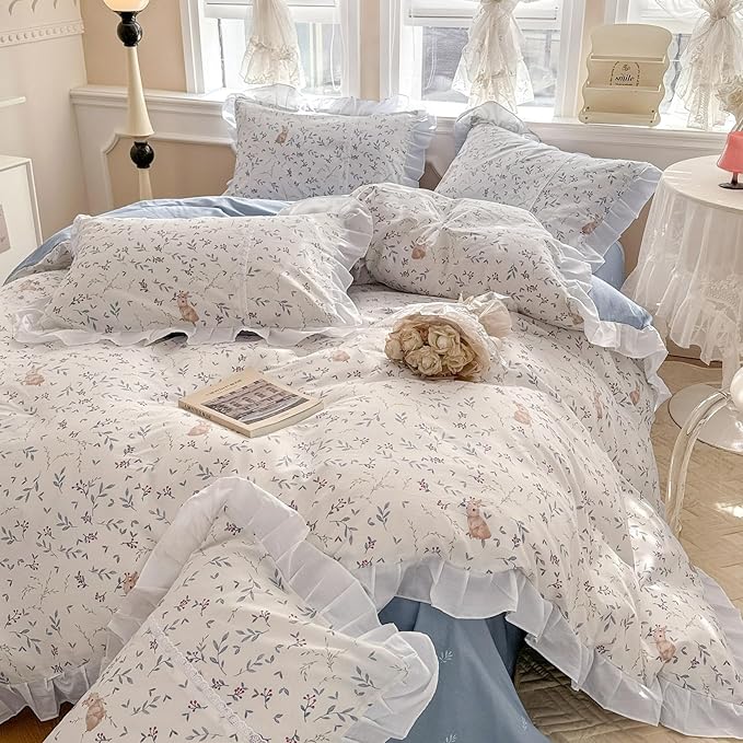 VM VOUGEMARKET Kids Comforter Set Full with Ruffles Botanical Rabbit Prints Bed Comforter with 2 Pillow Shams Lightweight Farmhouse Flower Quilt Set(3pcs,Full)