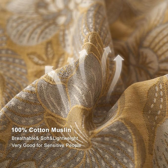 EAVD Vintage Style Yellow Floral Duvet Cover Queen Soft 100% Muslin Cotton Yarn-Dyed Jacquard Textured Bedding Set with 2 Pillowcases Linen Like Gauze Botanical Duvet Cover with Zipper Closure
