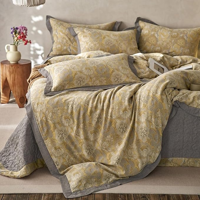 LifeTB Vintage Floral Duvet Cover Set Full Yarn-Dyed Linen Cotton Jacquard Duvet Cover with 2 Pillowcases Yellow Gold Flower Bedding Set Cottagecore Floral Botanical Duvet Cover with Zipper Closure