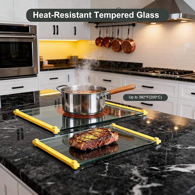 Tempered Glass Cutting Board for Kitchen, 12x16" & 12x8" 2 Pcs,Heat Resistant, with Non-Slip Feet, Non Toxic,Dishwasher Safe (Yellow)