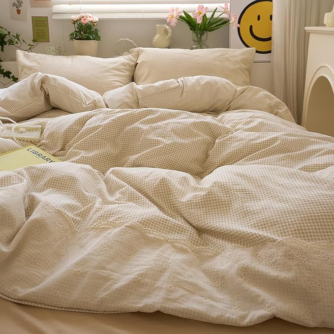 LifeTB Tan Gingham Duvet Cover Full Size 3 Pieces Romantic Lace Duvet Cover Vintage Plaid Checkered Comforter Cover with 2 Pillowcases Soft Microfiber Beige Tan Grid Farmhouse Plaid Bedding Set
