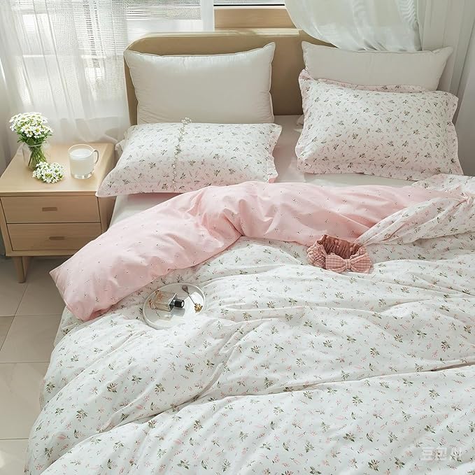 EAVD Girls Floral Duvet Cover Twin Pink White Soft Cotton Garden Aesthetic Floral Bedding Set with 2 Pillowcases Chic Shabby Vintage Botanical Comforter Cover with Zipper Closure