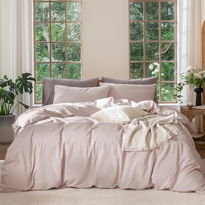 MooMee Bedding Duvet Cover Set 100% Washed Cotton Linen Like Textured Breathable Durable Soft Comfy (Heathered Greyish Pink, Full 80"x90")