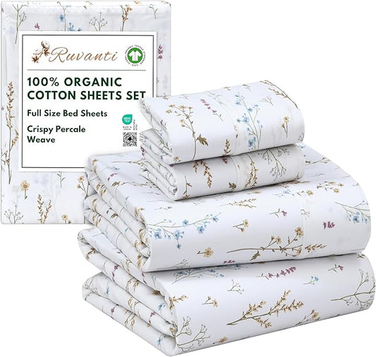 RUVANTI 100% Organic Cotton Sheets Full Size, Percale Weave, GOTS Certified, 4-Piece Set, Deep Pocket 15", Crisp & Breathable, Soft Durable Bedding, Sábanas Algodón Orgánico – Field Flower