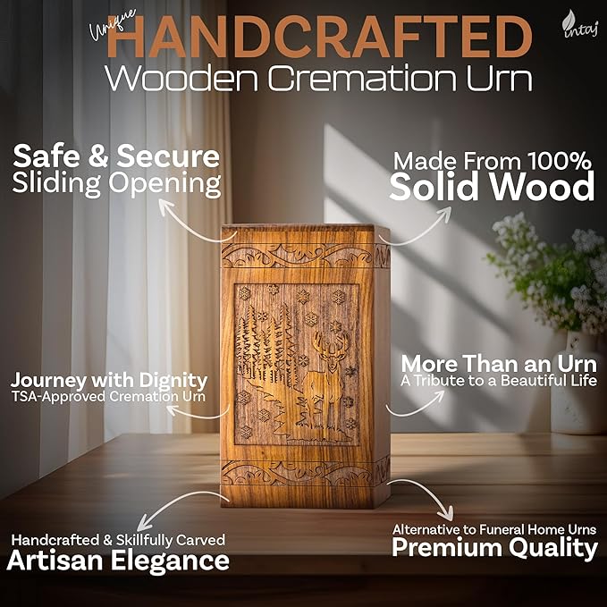 INTAJ Handcarved Rosewood Deer Urn for Human Ashes Adult Male Female - 250 lbs Capacity Forest Scene Wooden Cremation Urn Box Suitable for Burial Funeral Decorative Wildlife Memorial Casket