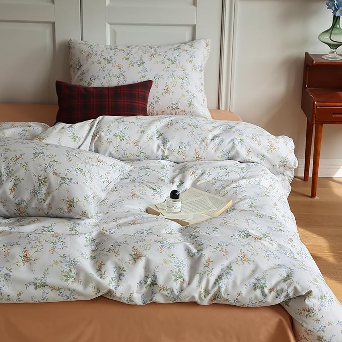 LifeTB Vintage Floral Duvet Cover Set Queen 100% Cotton Girls Garden Style Blossom Flower Comforter Cover Botanical Cottagecore Style Duvet Cover with 2 Pillowcases Farmhouse Bedding Set