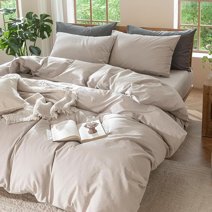 MooMee Bedding Duvet Cover Set 100% Washed Cotton Linen Like Textured Breathable Durable Soft Comfy (Solid Light Tan, Super King Plus 120"x120")