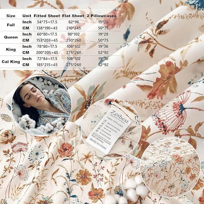 Zusbest California King Sheets Set 100% Percale Cotton - Boho Floral Botanical Printed Bedding with Deep Pocket 17.5'', Vintage Burnt Orange & Teal Design, 4-Piece Soft Breathable Sheets