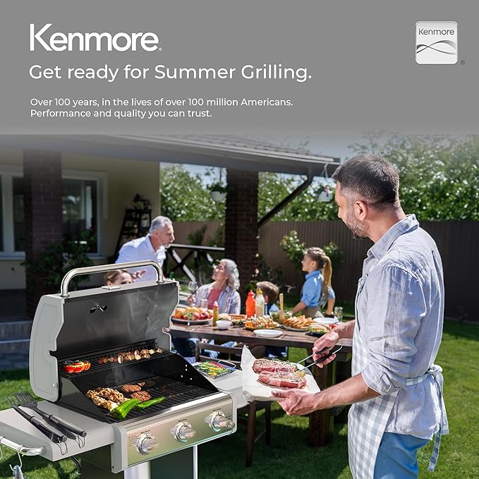 Kenmore 3-Burner Propane BBQ Grill, 30,000 BTUs Gas Grill with Cast Iron Cooking Grates, Folding Side Tables & Wheels, Outdoor Grill with Tool Hooks, Black