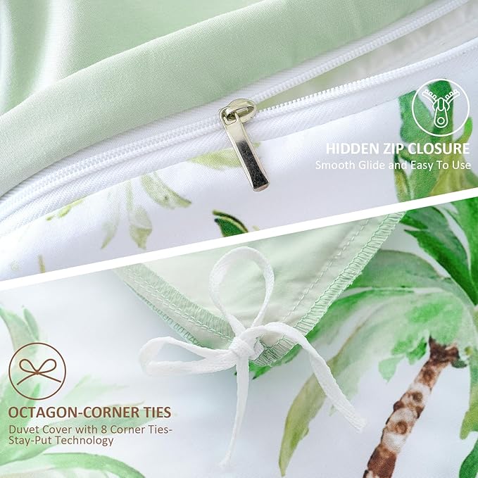 LONAVA Queen Tropical 3 Pcs Duvet Cover Set, Breathable Soft Microfiber Sage Green Lining Comforter Cover with Zipper Closure, and 2 Anti-Pilling, Fade Resistant Pillowcases, Summer Tree