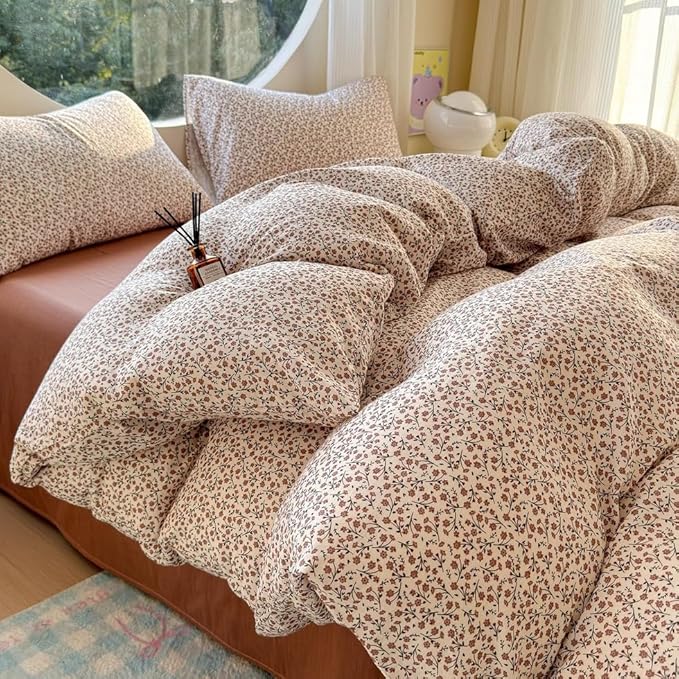 EAVD Chic Garden Small Floral Duvet Cover King Soft 100% Muslin Cotton Feel Gauze Vintage Floral Bedding Set with 2 Pillowcases Cottagecore Botanical Print Duvet Cover with Zipper Closure