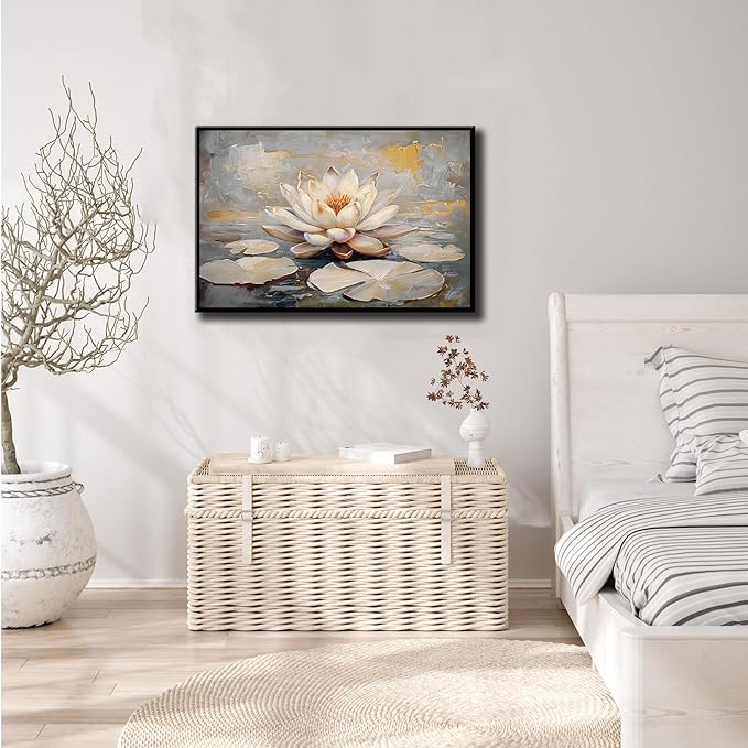 Ethereal white lotus floating on Crystal Waters poster vintage oil painting printwall art soft blush and gold accents serene home and office decor dreamy 20x30in Metal blackFramed
