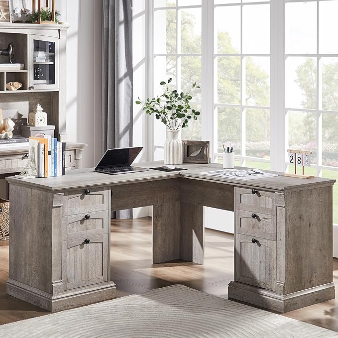 OKD 60" L Shaped Executive Desk with Drawers, Farmhouse Home Office Desk with Charging Station, File Cabinet Storage, Wood Corner Computer Desk for Work and Study, Light Rustic Oak