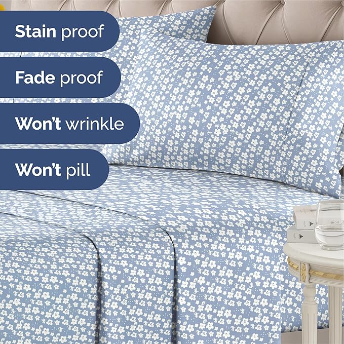 Floral Sheets - Blue Floral Bed Sheet Set - 1 Flat, 1 Fitted & 2 Pillowcases w/ Deep Pockets - Comfy, Wrinkle & Fade Free - Boho Botanical Bedding - Soft, Breathable and Cooling - Cal King Size Set