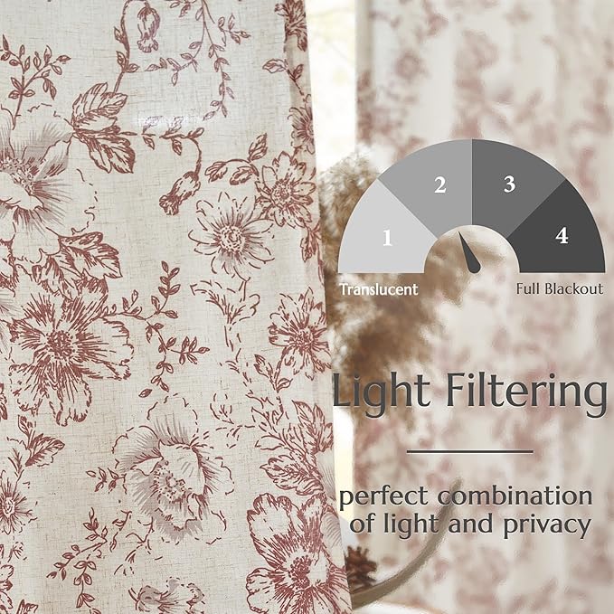 jinchan Linen Blend Curtain Floral Curtains for Living Room 108 Inch Length Christmas Brick Red Printed Curtain Rod Pocket Back Tab Farmhouse Peony Flower Patterned Drapes Curtains Set 2 Panels