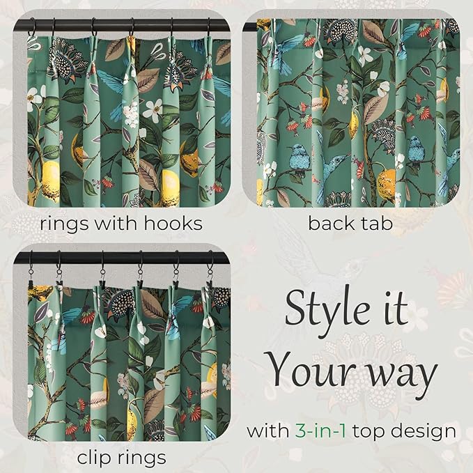Vintage Boho Floral Pinch Pleated Curtains 84 Inches Long for Living Room,Sage Green Lemon Hummingbird Patterned French Country Drapes for Bedroom,Botanical Woodland Jungle Blackout Drapes,2 Panels
