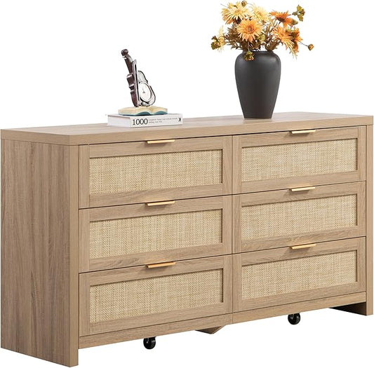 SICOTAS Rattan Dresser for Bedroom, 57" Wide 6 Drawer Dresser with Ample Storage, Dressers Large Chest of Drawers, Closet, Boho TV Stand for Bedroom (Reclaimed Light Oak, 1 Piece)