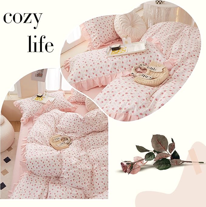 Pink Floral Comforter Set Full Romantic Ruffle Comforter with 2 Pillowcases Vintage Botanical Flowers Comforter Set for Girls Women Fluffy Soft Reversible Stripes Bedding Set with Lace for All Seasons