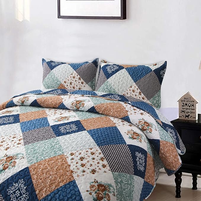 Dinjoy Reversible Patchwork Quilt Bedding Set Full Size Blue Green Grey Plaid Floral Pattern Bedspread Set Soft Microfiber Coverlets Bed Set 3 Pieces Spring Summer Fall Use (78x90 inches)