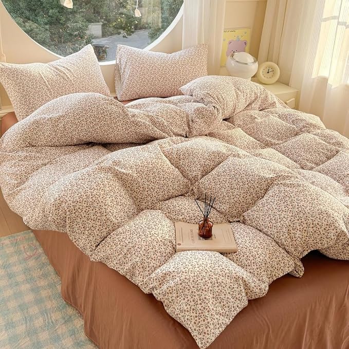 EAVD Chic Garden Small Floral Duvet Cover King Soft 100% Muslin Cotton Feel Gauze Vintage Floral Bedding Set with 2 Pillowcases Cottagecore Botanical Print Duvet Cover with Zipper Closure