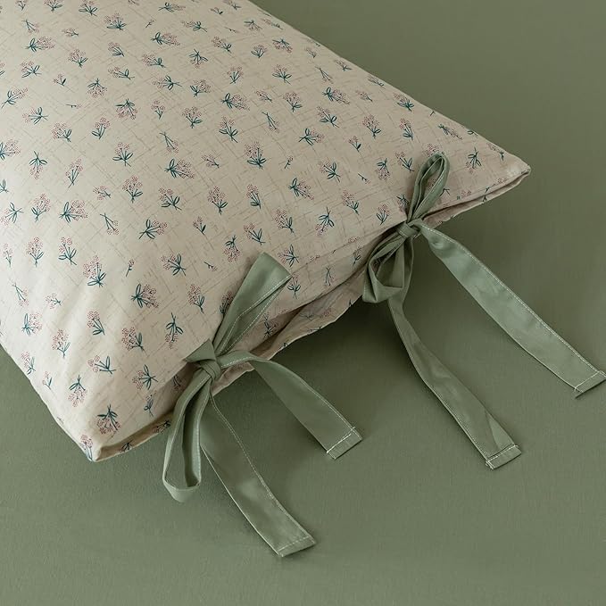 VM VOUGEMARKET Duvet Cover Set Twin 100% Cotton 3 Pcs Girls Green Floral Comforter Cover with Zipper Closure,Cottagecore Style Duvet Cover + 2 Pillowcases with Bowknot-68x86 Inch