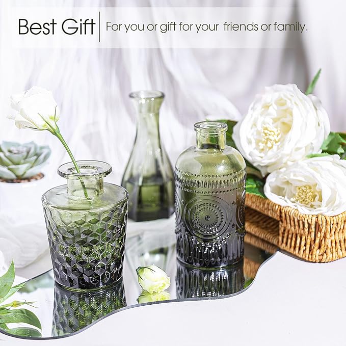 12pcs Green Glass Bud Vases Set, Small Vases for Flowers, Bud Vase for Centerpieces in Bulk, Mini Vintage Vase for Wedding Decorations, Office and Home Table Flower Décor