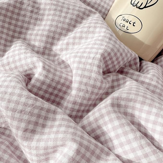 LifeTB Purple Gingham Duvet Cover Queen Cozy Washed Microfiber Purple Checkered Plaid Duvet Cover with 2 Pillowcases Romantic White Lace Comforter Cover 3 Pieces Gingham Grid Bedding Set