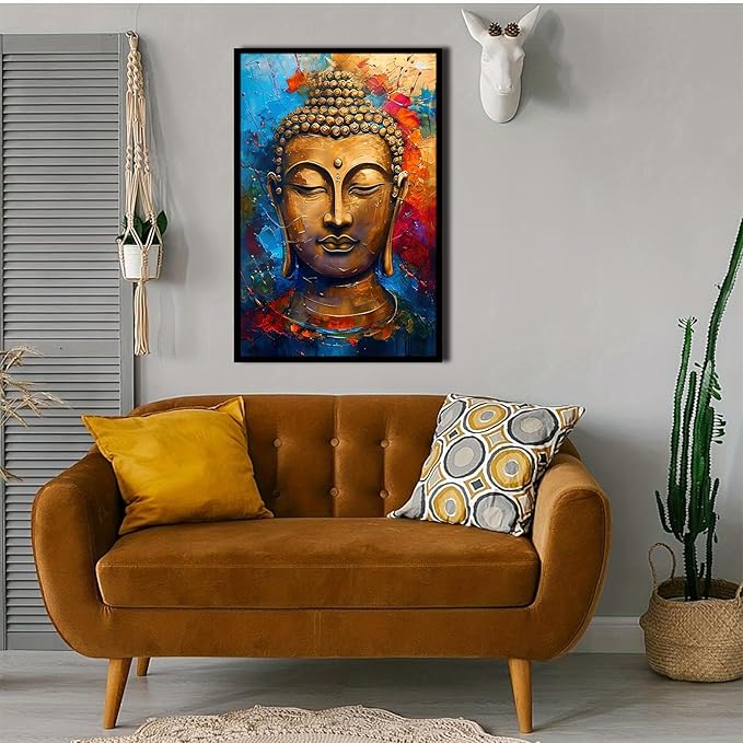 Golden Serenity Buddha Vintage Painting Wall Art Spirituality and Modern Art Wall Decor Adds Brilliance to Vibrant Home Decor 8x12in Metal blackFramed