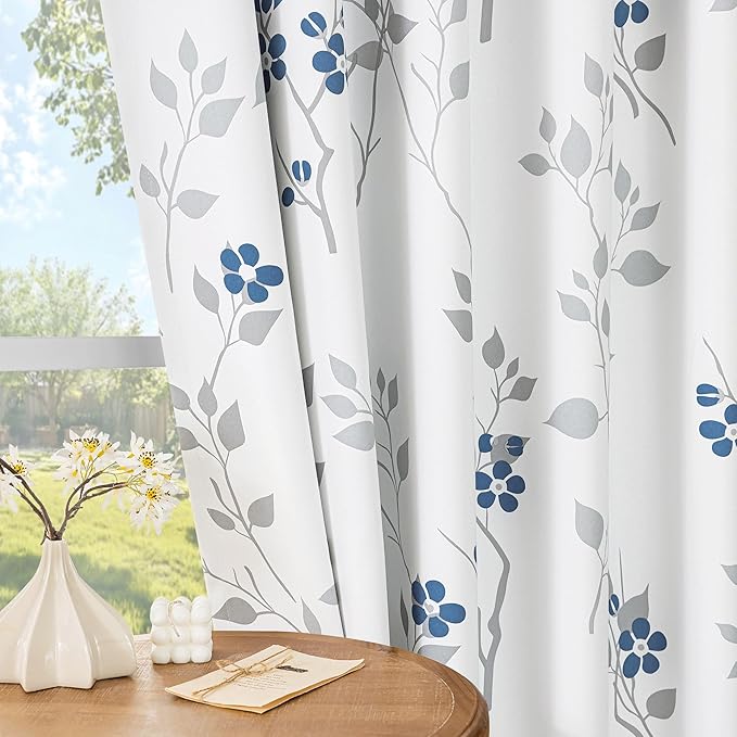 Beauoop Floral 100% Blackout Curtains 84 Inches Long 2 Panels for Bedroom Living Room Blue Grey and White Flower Patterned Room Darkening Thermal Soundproof Rod Pocket Back Tab Window Drapes, 52X84